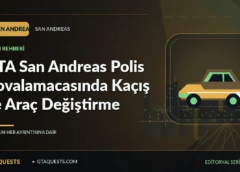 GTA San Andreas Polis Kovalamacasında Kaçış ve Araç Değiştirme — GTAQUESTS özgün illüstrasyon kapağı