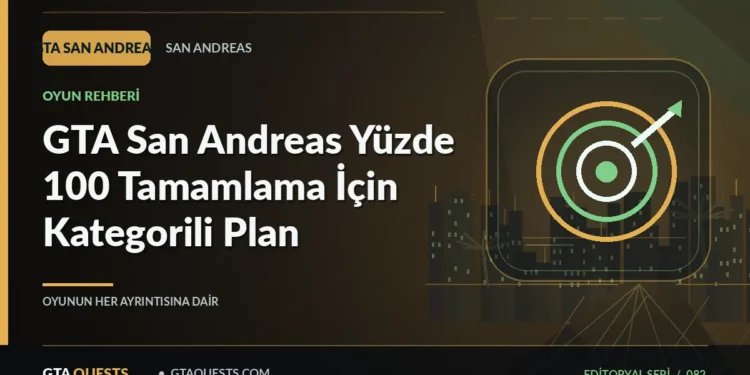 GTA San Andreas Yüzde 100 Tamamlama İçin Kategorili Plan — GTAQUESTS özgün illüstrasyon kapağı
